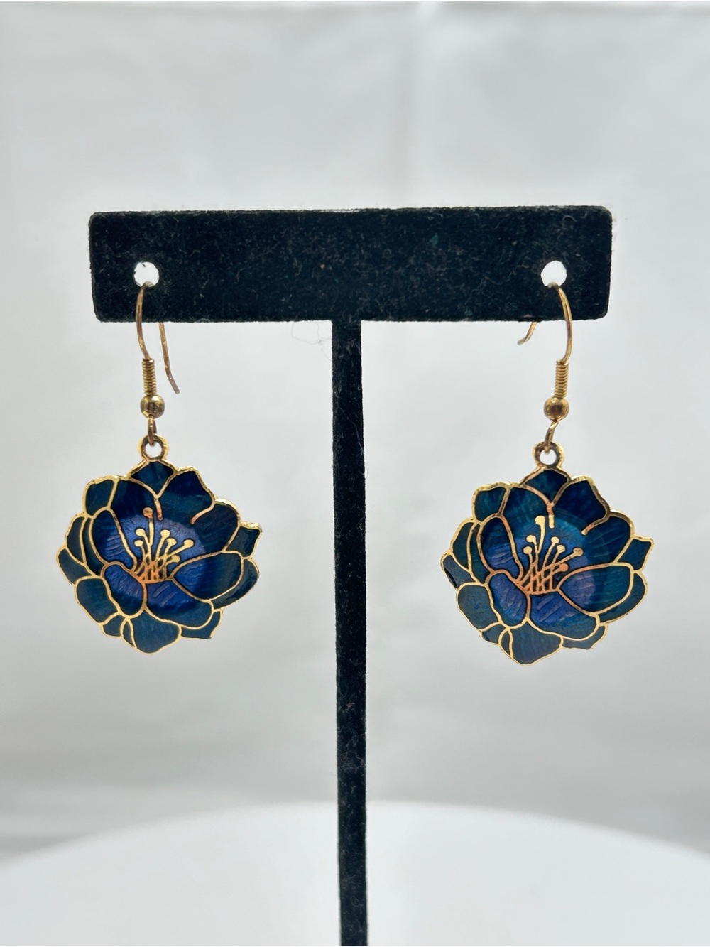Blue And Gold Cloisonné Lotus Earrings, Wires
